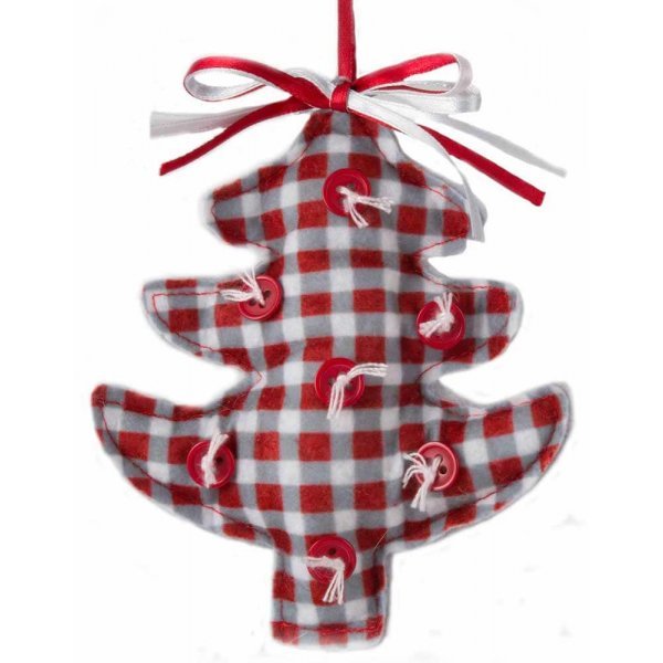 Χριστουγεννιάτικο Κρεμαστό Υφασμάτινο Δεντράκι, Κόκκινο Καρό με Λευκά Κουμπιά (13cm)